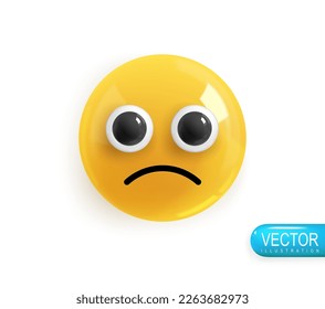 Emoji face sad upset. Emotion Realistic 3d Render. Icon Smile Emoji. Vector yellow glossy emoticons.