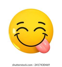 Emoji Face Savoring Food. Emotion 3d cartoon icon. Yellow round emoticon. Vector illustration