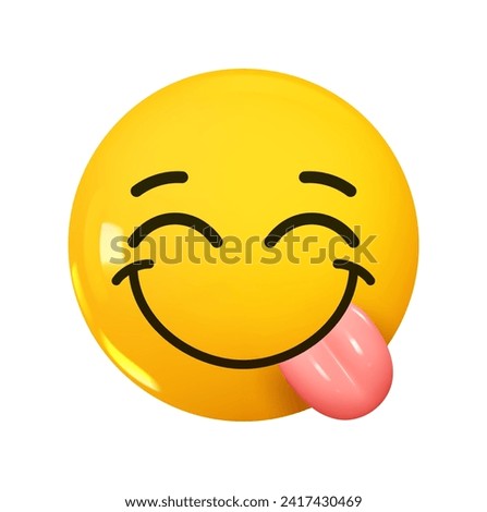 Emoji Face Savoring Food. Emotion 3d cartoon icon. Yellow round emoticon. Vector illustration