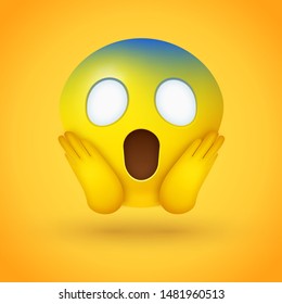 Emoji face screaming in fear with wide white eyes, a long open mouth, hands pressed on cheeks, and a pale blue forehead on yellow background - represents horror, fright, but also shock, awe, disbelief