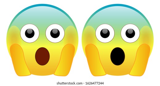 Emoji Face Screaming in Fear. A yellow face screaming in fear, depicted by wide, white eyes, a long, open mouth, hands pressed on cheeks, and a pale blue forehead.