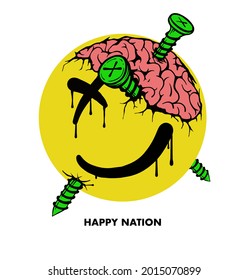 emoji face with screw in brain with a slogan dripping ink illustration