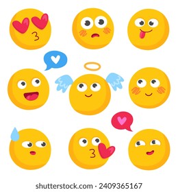 Emoji face set. Colorful emoji of love and romantic theme. Different emotions. Love, romantic, angel, confused, shy, smile, kiss, crazy, astonishment.  Cute childish funny colorful illustrations. 