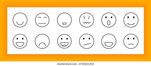 Icono de conjunto de caras de emoji. Expresiones de círculo dibujadas con líneas simples que muestran felicidad, tristeza, sorpresa, risa, ira y neutralidad en varias combinaciones de boca y ojos abiertos o cerrados.