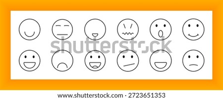 Emoji face set icon. Circle expressions drawn with simple lines showing happiness, sadness, surprise, laughter, anger, and neutrality in various open or closed mouth and eye combinations.