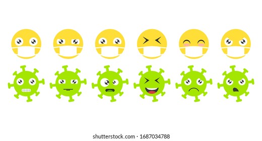 Emoji face set. Icons emoticons in medical masks and emoticons coronavirus. Isolated vector illustration