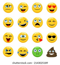 Emoji face sets. Emotions icons. Abstract funny flat style reactions color icon set. Stickers set. Isolated vector illustration on white background