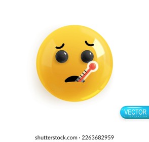 Emoji face sick holding a thermometer. Realistic 3d design. Emoticon yellow glossy color. Icon in plastic cartoon style isolated on white background. Vector illustration