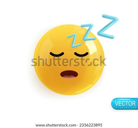Emoji face sleeping. Realistic 3d Icon. Render of yellow glossy color emoji in plastic cartoon style isolated on white background. Vector illustration