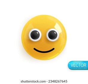 Emoji sonríe. Diseño 3d realista. Color brillante amarillo emoticono. Icono en el estilo de caricatura de plástico aislado en fondo blanco. Ilustración del vector