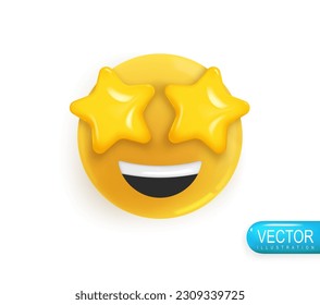 Emoji face smile with stars in your eyes. Realistic 3d Icon. Render of yellow glossy color emoji in plastic cartoon style isolated on white background. Vector illustration
