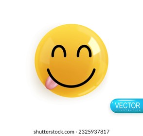 Emoji face smiling and showing tongue. Realistic 3d Icon. Render of yellow glossy color emoji in plastic cartoon style isolated on white background. Vector illustration