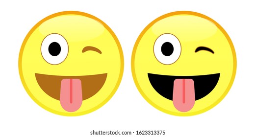 Emoji Face With Stuck-Out Tongue And Winking Eye. A yellow face sticking out its tongue and making a zany wink, usually shown with its right eye closed and left wide open. Often conveys a sense of fun
