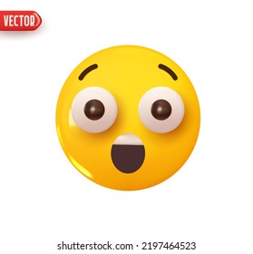 Emoji face surprised. Emoticon yellow glossy color. Realistic 3d design In plastic cartoon style. Icon isolated on white background. Vector illustration