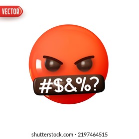 Emoji face symbol over mouth censored gag. Emoticon red glossy color. Realistic 3d design In plastic cartoon style. Icon isolated on white background. Vector illustration