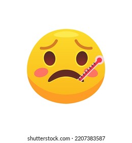 Emoji face with a thermometer flat icon for web design. Cartoon yellow emotion circle icon smiling, laughing and crying isolated vector illustration. Feeling expression and communication concept