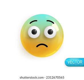 Emoji Gesicht aus Angst in die Kälte geworfen. Realistisches 3D-Symbol. Render aus gelben, glänzenden Emoji in Plastikkarikaturen einzeln auf weißem Hintergrund. Vektorgrafik