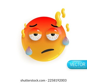 Emoji face tired from heat. Realistic 3d design. Emoticon yellow glossy color. Icon in plastic cartoon style isolated on white background. Vector illustration