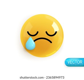 Emoji Gesicht weinend. Realistisches 3D-Design. Emoticon gelbe glänzende Farbe. Symbol im Stil von Plastikkarikaturen einzeln auf weißem Hintergrund. Vektorgrafik