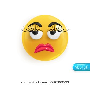 Emoji face upset displeased girl. Realistic 3d design. Emoticon yellow glossy color. Icon in plastic cartoon style isolated on white background. Vector illustration