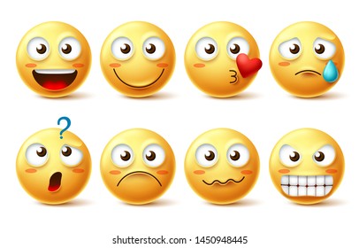 Emoji face vector character set. Emoticon and emoji with different facial expression and emotion like happy, lonely, confused and angry isolated in white background . Vector illustration.
