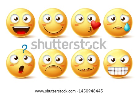 Emoji face vector character set. Emoticon and emoji with different facial expression and emotion like happy, lonely, confused and angry isolated in white background . Vector illustration.
