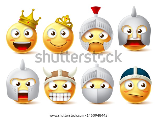 絵文字の顔のベクター画像文字セット 白い背景に黄色の絵文字 王 女王 騎士 王冠をかぶった戦士と武具を着け 勇敢で強い表情をします のベクター画像素材 ロイヤリティフリー
