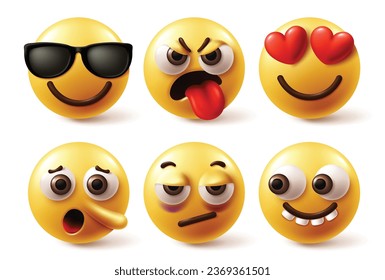 Emoji face vector set design. Emoticons emojis characters in happy, angry, naughty, in love and pinocchio nose facial expression in white background. Vector illustration yellow icon emoticon  svg