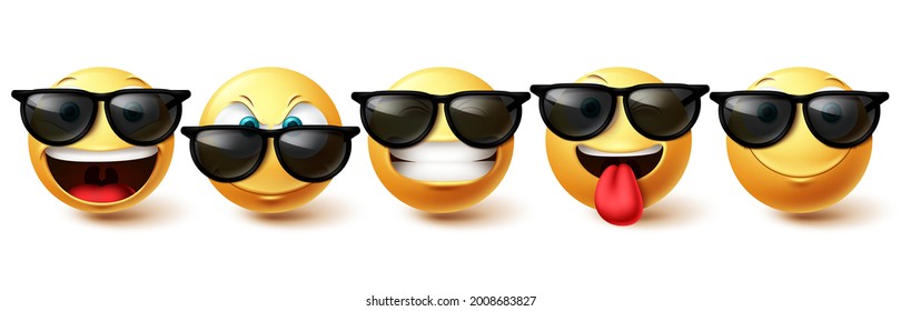 Emoji face vector set. Emojis cool face collection in happy, funny and cute facial expressions isolated in white background for character emoticon design . Vector illustration
