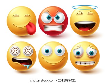 Emoji Face Vector Set. Emojis And Emoticon Happy, Hungry And Angry Icon Collection Isolated In White Background For Graphic Design Elements. Vector Illustration
