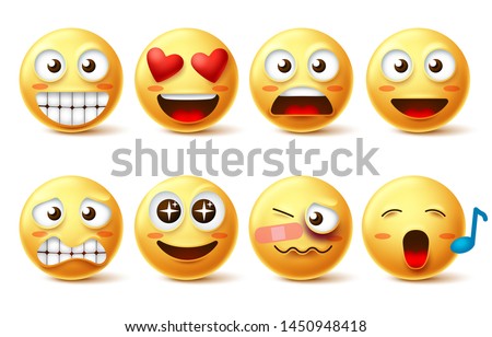Emoji face vector set. Emoticon icons and emoticon with funny, happy, inlove, singing and hurt facial expressions in yellow color isolated in white background. Vector illustration.
