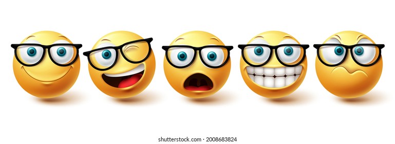 Emoji face vector set. Yellow nerd face with funny, happy and naughty facial expressions in yellow color emoji isolated in white background. Vector illustration