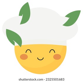 Emoji face with vegan chef tall hat with vegetables leafs. Yellow emoticon with white toque icon, to cook vegetarian food, to use in restaurant, menu, recipe book, cookbook, foodies. Waiter. Vector