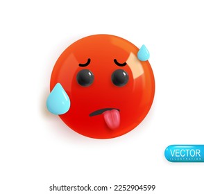 Emoji face very hot. Realistic 3d Icon. Render of yellow glossy color emoji in plastic cartoon style isolated on white background. Vector illustration