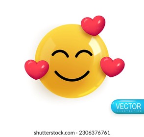 Emoji face very in love. Realistic 3d design. Emoticon yellow glossy color. Icon in plastic cartoon style isolated on white background. Vector illustration