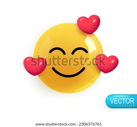 Emoji face very in love. Realistic 3d design. Emoticon yellow glossy color. Icon in plastic cartoon style isolated on white background. Vector illustration