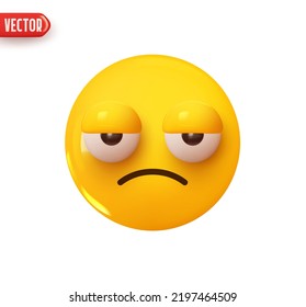 La cara emoticono preocupada es indiferente. Color brillante amarillo emoticono. Diseño 3d realista al estilo de las caricaturas plásticas. Icono aislado en fondo blanco. Ilustración del vector