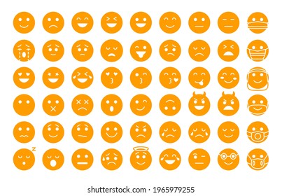Emoji face yellow silhouette icons set. Different type emoticon smile template collection. Mood or facial emotion sign. Faces expressing laugh, angry. Emoticons in mask Isolated vector illustration