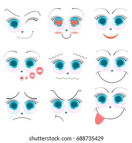 Emoji faces with big blue eyes, cartoon emotions. 