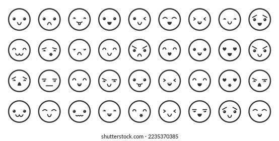 Emoji faces black line icon set. Cartoon emoticon circle avatar with different funny emotions. Comic emotional face expressions. Joyful happy laugh, angry sad cry, love kiss smile, cheerful emoticons