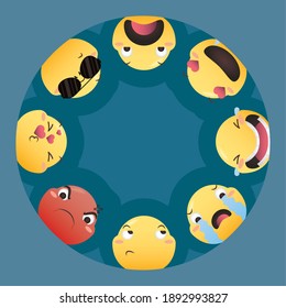 Emoji se enfrenta al diseño de conjunto de iconos de círculo, expresión de dibujos animados Emoticon y tema de medios sociales Ilustración vectorial