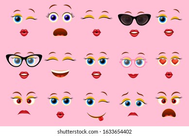 Emoji faces for emoticon constructor, vector illustration. Smile female character creator.