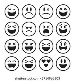 Conjunto de expresiones de emoji faces que muestran emociones, reacciones y sentimientos en estilo de contorno negro