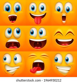 Emoji faces. Funny face expressions, caricature emotions. Cute character with different expressive eyes and mouth, vector emoticon collection