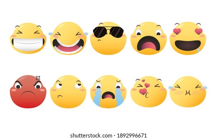 Emoji se enfrenta al diseño de un paquete de iconos, la expresión de dibujos animados Emoticon y el tema de los medios sociales Ilustración vectorial