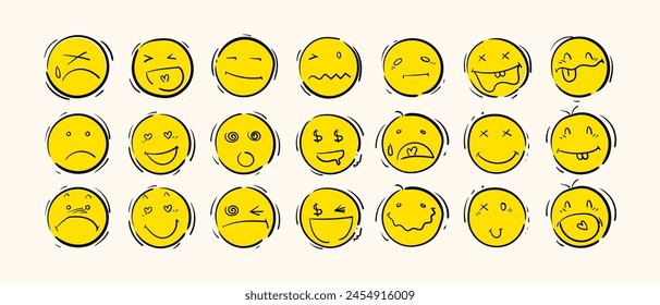 Emoji faces icon hand drawn set vector illustration. Doodle line art sign emoticon design.