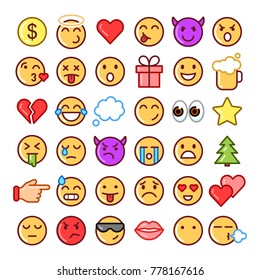 Emoji faces simple icons, thin line symbols. Vector illustration isolated on white background.