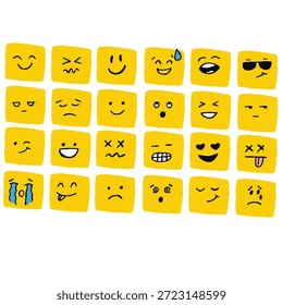 Emoji Faces Vector Grid, Cute Hand Drawn Emotion Icons, Yellow Cartoon Expression Set