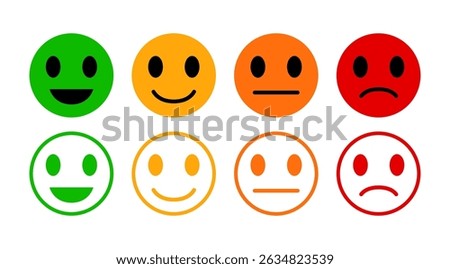 Emoji Faces Vector icons Set, Collection of Colorful, Solid, and Outline Emoticons Expressing Various Emotions for UI, Chat, and Mood Tracker Design