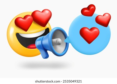 Emoji fall in love with Loudspeaker and speech cloud. 3d vector illustration